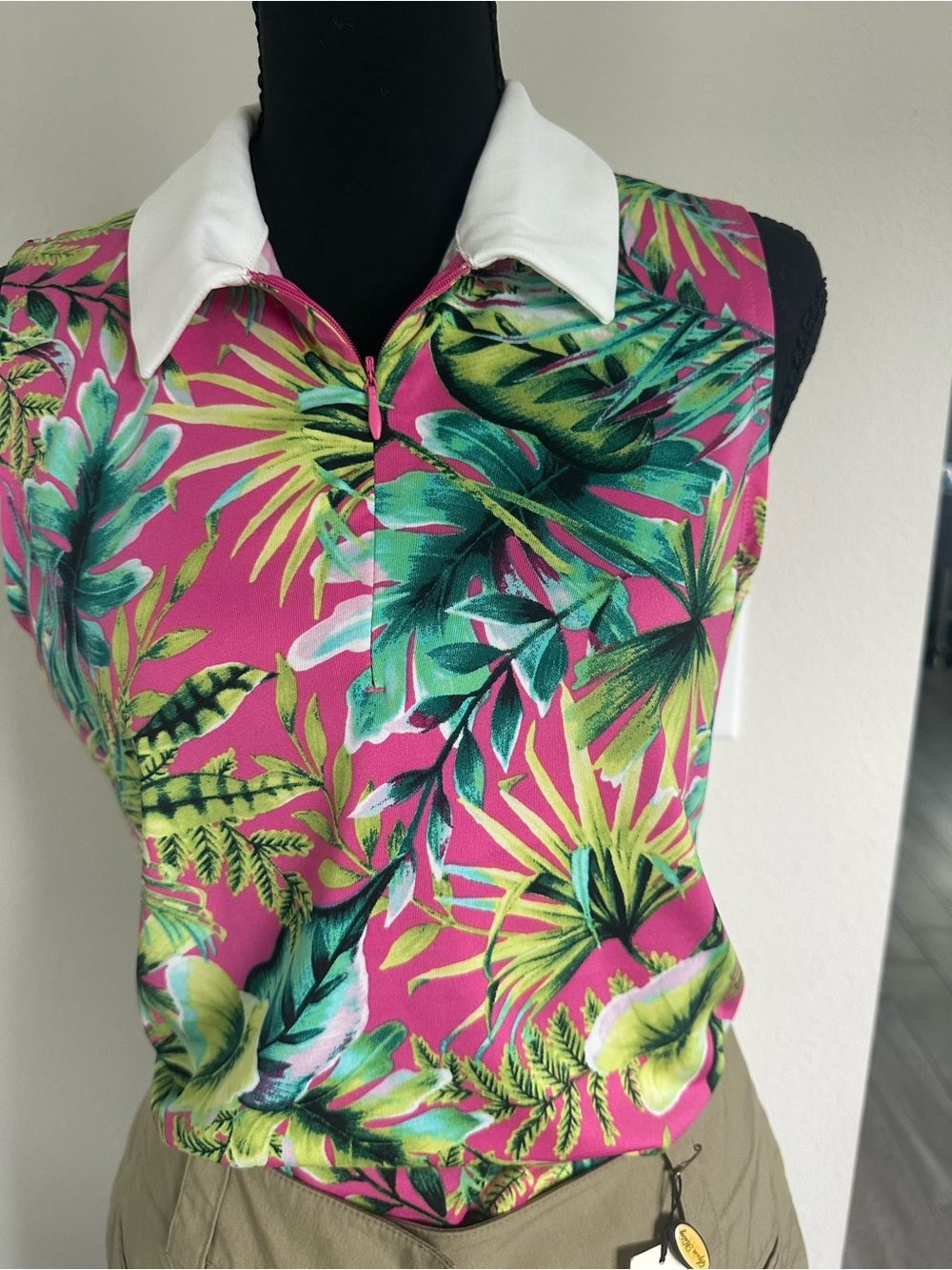 Tommy Bahama Sleeveless Golf Polo in Pink & Mint Leaf Print